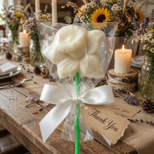 White chocolate daffodil wedding favour. Handmade with delicate detailing. Personalised & customisable for your wedding. Palm oil free from Cwtsh Chocolate in Llanelli